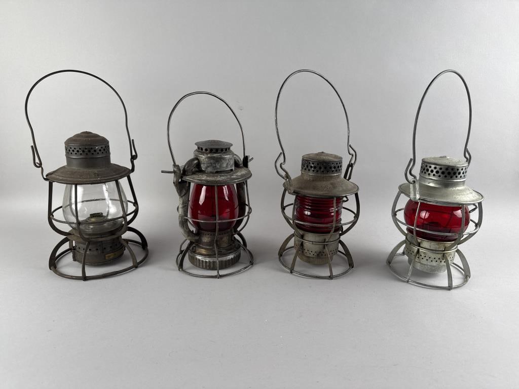 FOUR RAILROAD LANTERNS Late 19th/Early 20th Century Heights from 9.25" to 10.5". (1 of 3)