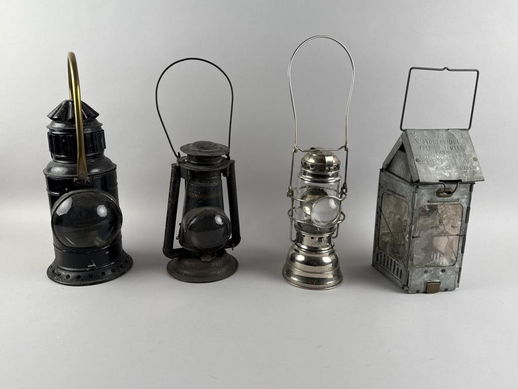 FOUR METAL LANTERNS Late 19th/Early 20th Century Heights from 9.25" to 11.5". (1 of 2)