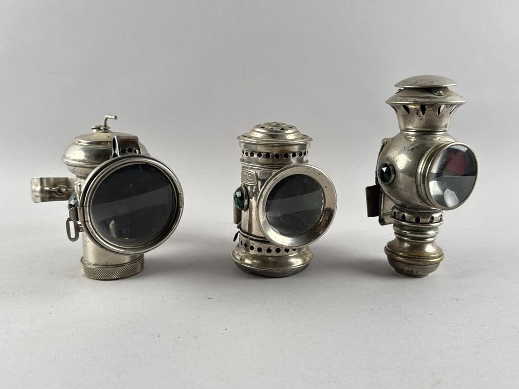 THREE NICKEL PLATED BICYCLE LANTERNS Late 19th/Early 20th Century Heights from 5.5" to 7.25". (1 of 4)
