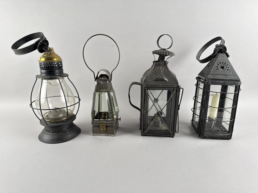 FOUR TIN LANTERNS 19th Century Heights from 9" to 11.5". (1 of 3)