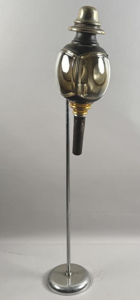 TIN, BRASS AND NICKEL CARRIAGE LANTERN Late 19th/Early 20th Century Height on stand 45". (1 of 4)