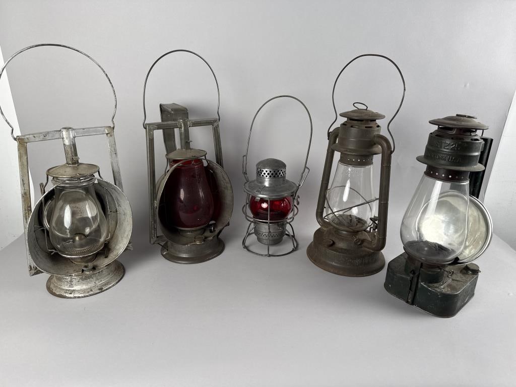 FIVE RAILROAD LANTERNS Late 19th/Early 20th Century Heights from 9.5" to 15.5". (1 of 3)