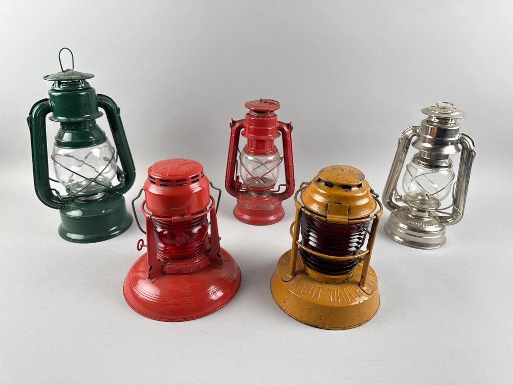 FIVE RAILROAD AND RAILROAD-STYLE LANTERNS 20th Century Heights from 8" to 12". (1 of 5)