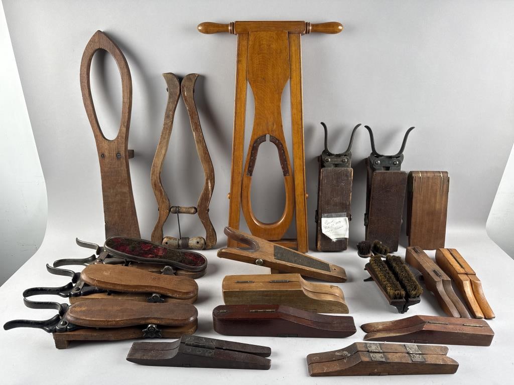 SEVENTEEN WOOD AND METAL BOOTJACKS AND SHOE CLEANERS Late 19th to Mid-20th Century Lengths from: SEVENTEEN WOOD AND METAL BOOTJACKS AND SHOE CLEANERSLate 19th to Mid-20th CenturySeveral with patent marks. One labeled "Made for John Wanamaker".Lengths from 9.25" to 24".