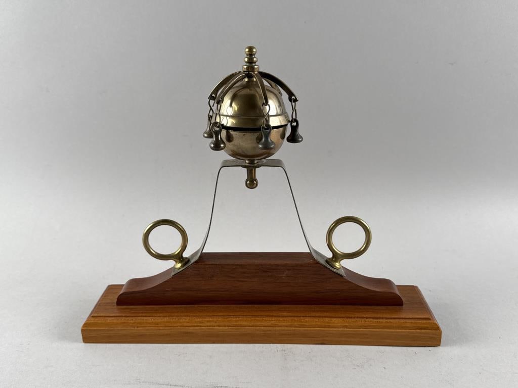 UNUSUAL SLEIGH BELL ON CUSTOM WOODEN STAND 19th Century Height 10". Width 12.25". Depth 3". (1 of 3)