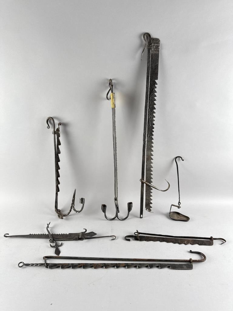 SIX EARLY IRON AND STEEL TRAMMEL CANDLE LAMPS Early 19th Century Lengths to 28.5". (1 of 4)