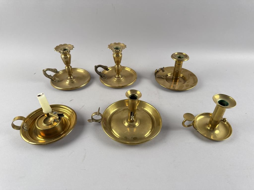 SIX BRASS SAUCER-BASE CANDLESTICKS 19th Century Heights from 2.5" to 5". (1 of 3)