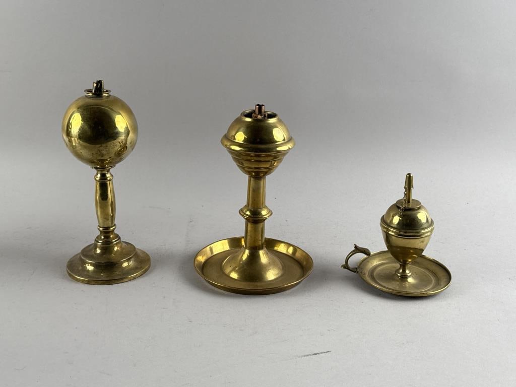 THREE BRASS FLUID LAMPS 19th Century Heights from 3.75" to 8.5". (1 of 2)