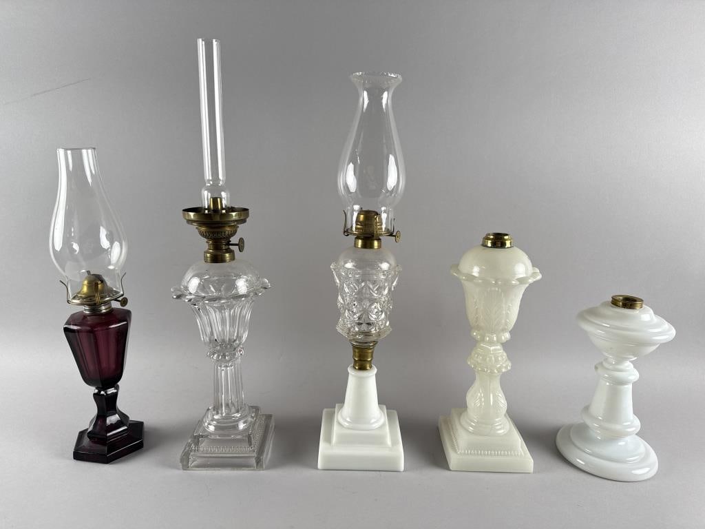 FIVE GLASS FLUID LAMPS 19th Century Heights from 9.5" to 17". (1 of 6)