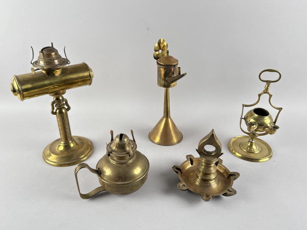 FIVE BRASS FLUID LAMPS 19th/Early 20th Century Heights from 6" to 12". (1 of 2)