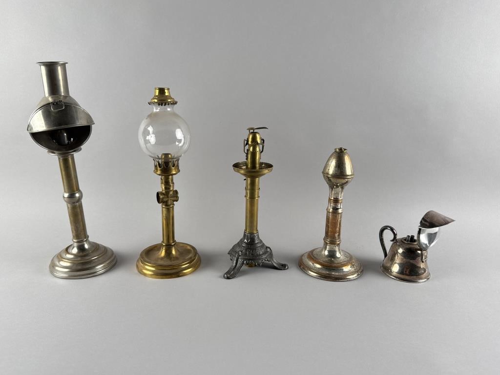 FIVE METAL FLUID LAMPS Second Half of the 19th Century Heights from 5" to 14.5". (1 of 3)