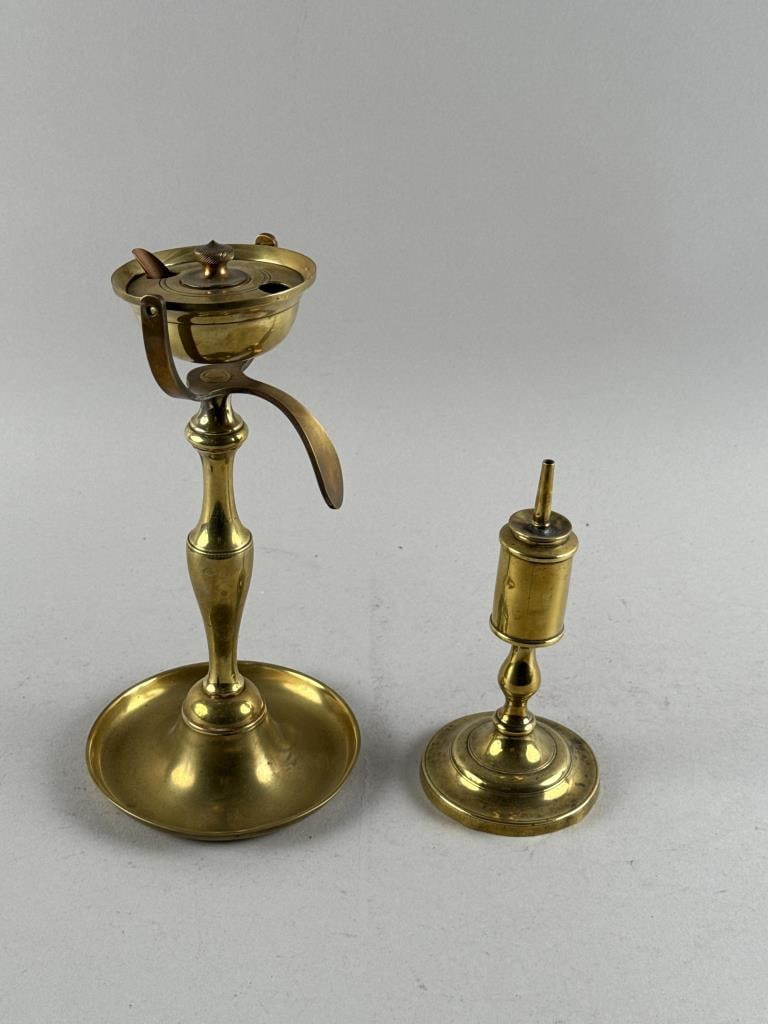 TWO BRASS FLUID LAMPS 19th Century Heights 6.5" and 9.75". (1 of 2)