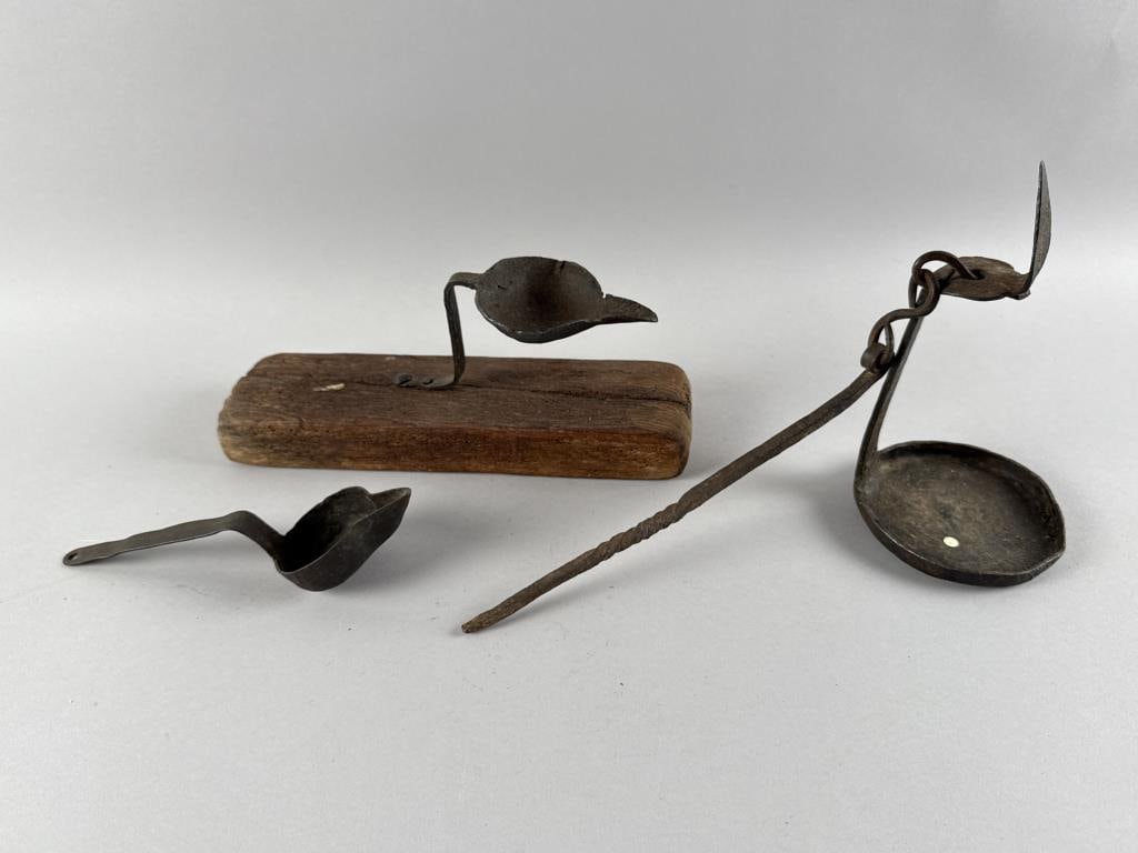 THREE IRON FAT LAMPS 18th Century Base length 12". (1 of 2)