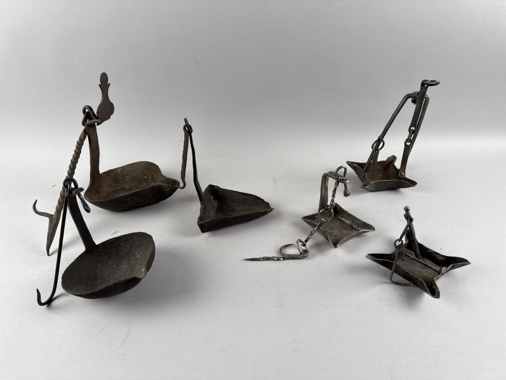 SIX METAL FAT LAMPS 18th to Early 19th Century Heights from 5" to 8". (1 of 5)
