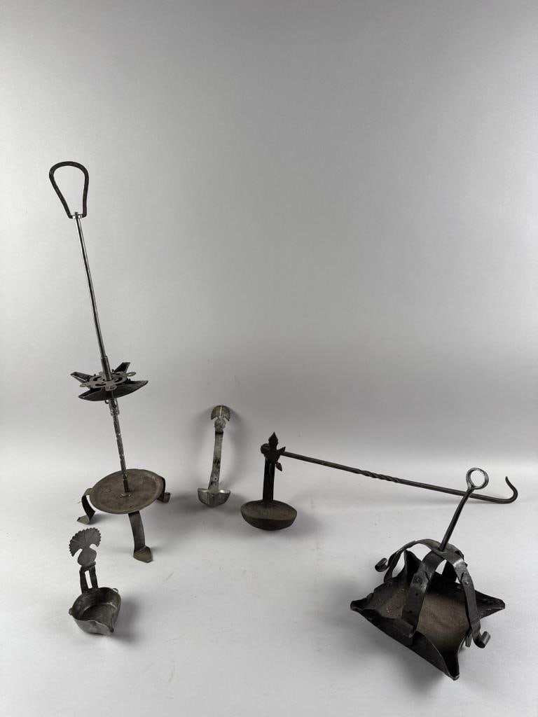 FIVE METAL FAT LAMPS 18th to Mid-19th Century Heights from 7" to 25". (1 of 3)