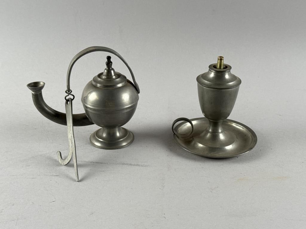 TWO PEWTER OIL LAMPS 19th Century (1 of 4)