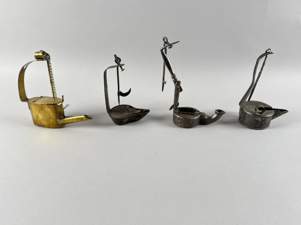 FOUR TIN, IRON AND BRASS BETTY-STYLE LAMPS Late 18th/First Quarter of the 19th Century Heights (1 of 2)
