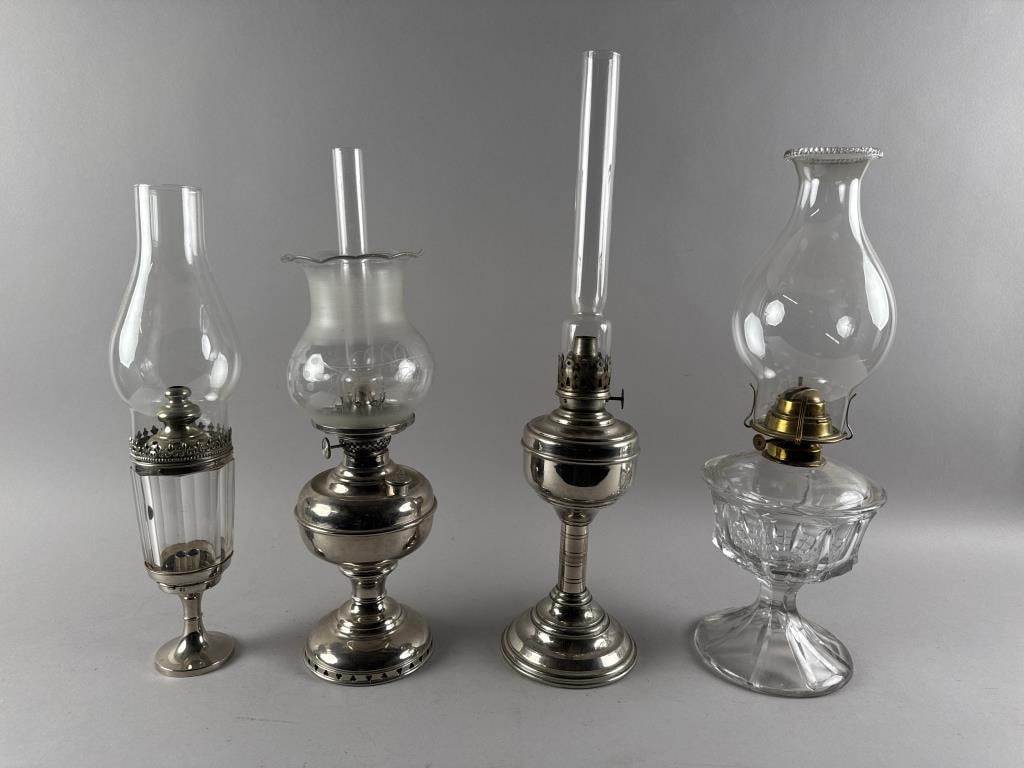 FOUR KEROSENE LAMPS 19th Century Heights from 16.5" to 20.75". Widths from 3.5" to 6.25". (1 of 8)