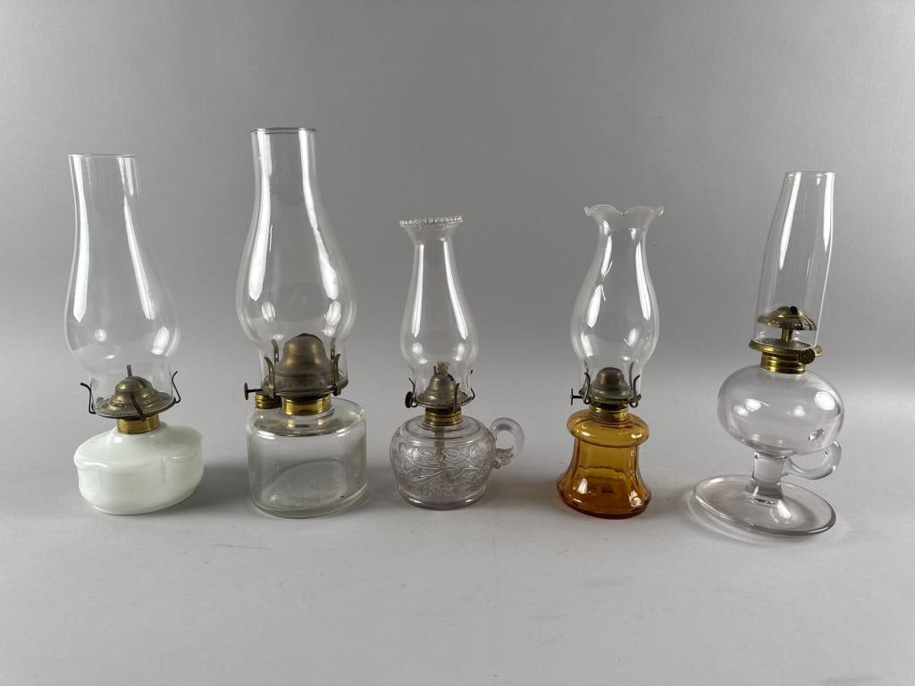 FIVE OIL LAMPS 19th Century Heights from 10.25" to 13". Widths from 3.5" to 5". (1 of 4)