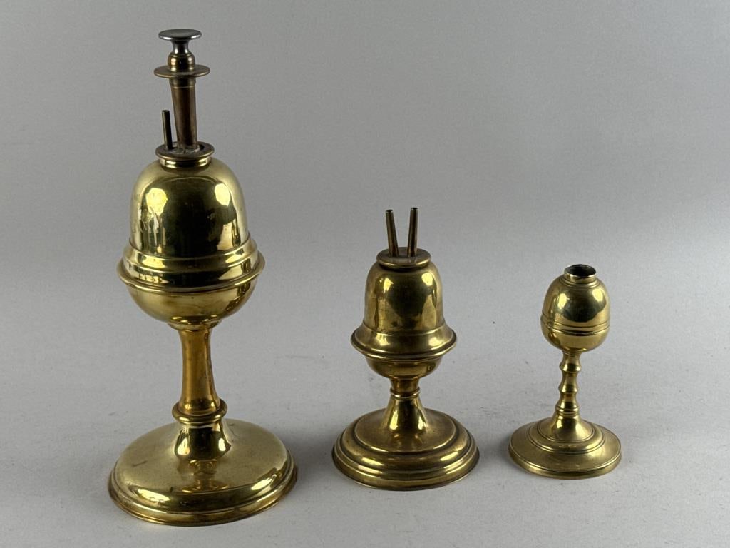 THREE BRASS OIL LAMPS 19th Century Heights from 5.75" to 12.5". (1 of 2)