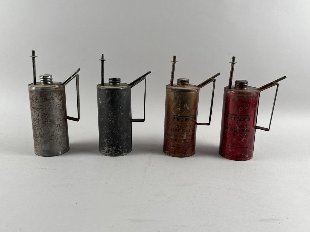 FOUR TIN PRIMER CONTAINERS Late 19th/Early 20th Century Heights 9". (1 of 3)