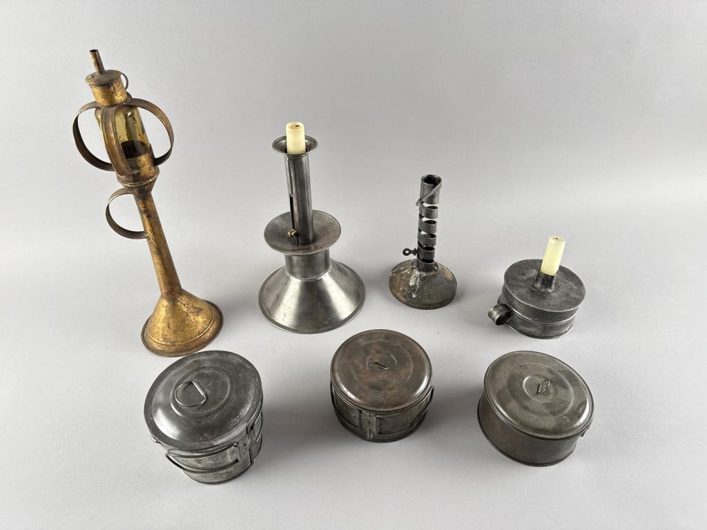 SEVEN EARLY EXAMPLES OF TIN LIGHTING 19th Century Heights from 3" to 14.5". (1 of 4)
