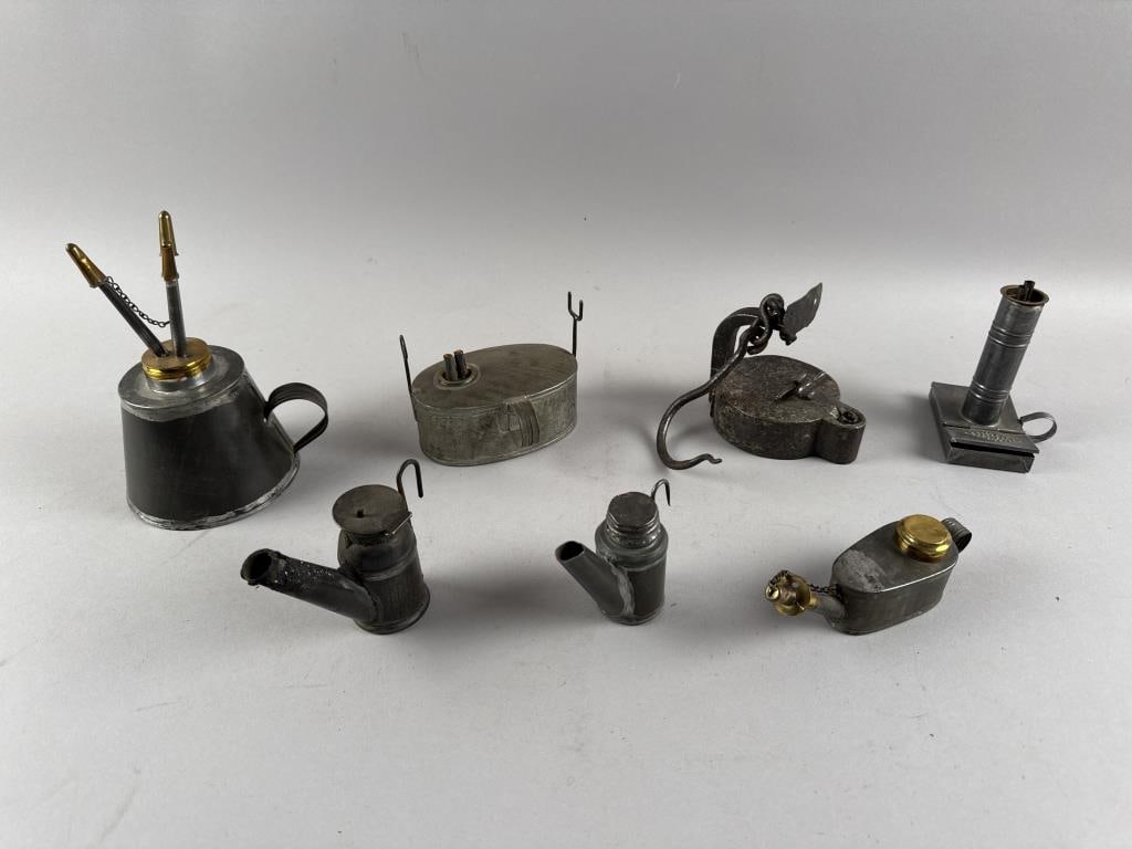 SEVEN TIN LIGHTING DEVICES First Half of the 19th Century Heights from 1.75" to 7". (1 of 2)