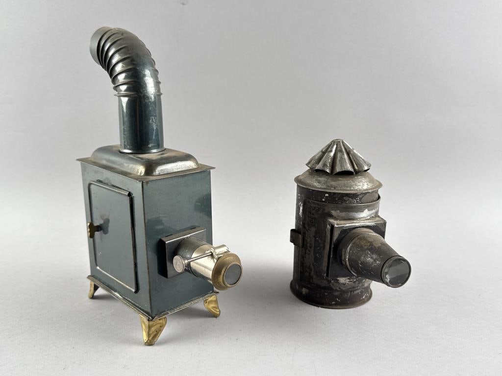 TWO EARLY TIN PROJECTORS 19th Century Heights 6.25" and 10". (1 of 3)