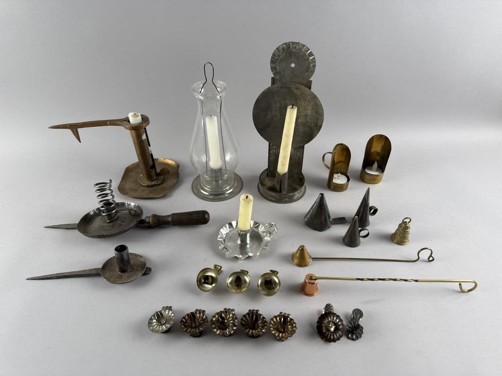 LARGE GROUP OF LIGHTING DEVICES 19th Century: LARGE GROUP OF LIGHTING DEVICES19th Century1) Tin candle sconce. Height 11.75". Width 5.5". Depth 3.5".2-3) Pair of unusual small brass chamber sticks. Heights 4". Widths 1.75". Depths 3".4) Aluminum