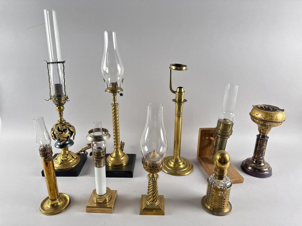 NINE BRASS LIGHTING DEVICES 19th Century Heights from 7" to 15.5". (1 of 8)