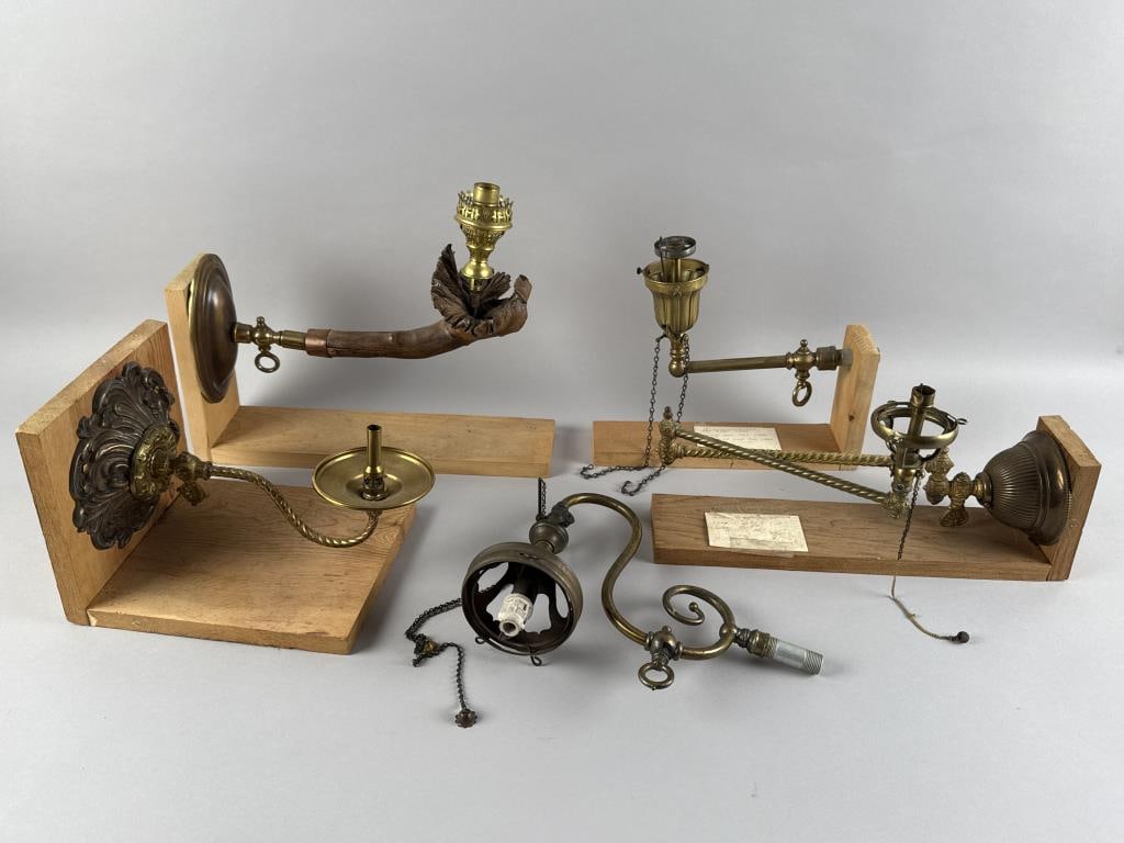 FIVE PIECES OF BRASS LIGHTING DEVICES Late 19th/Early 20th Century Stand heights approx. 15". (1 of 6)