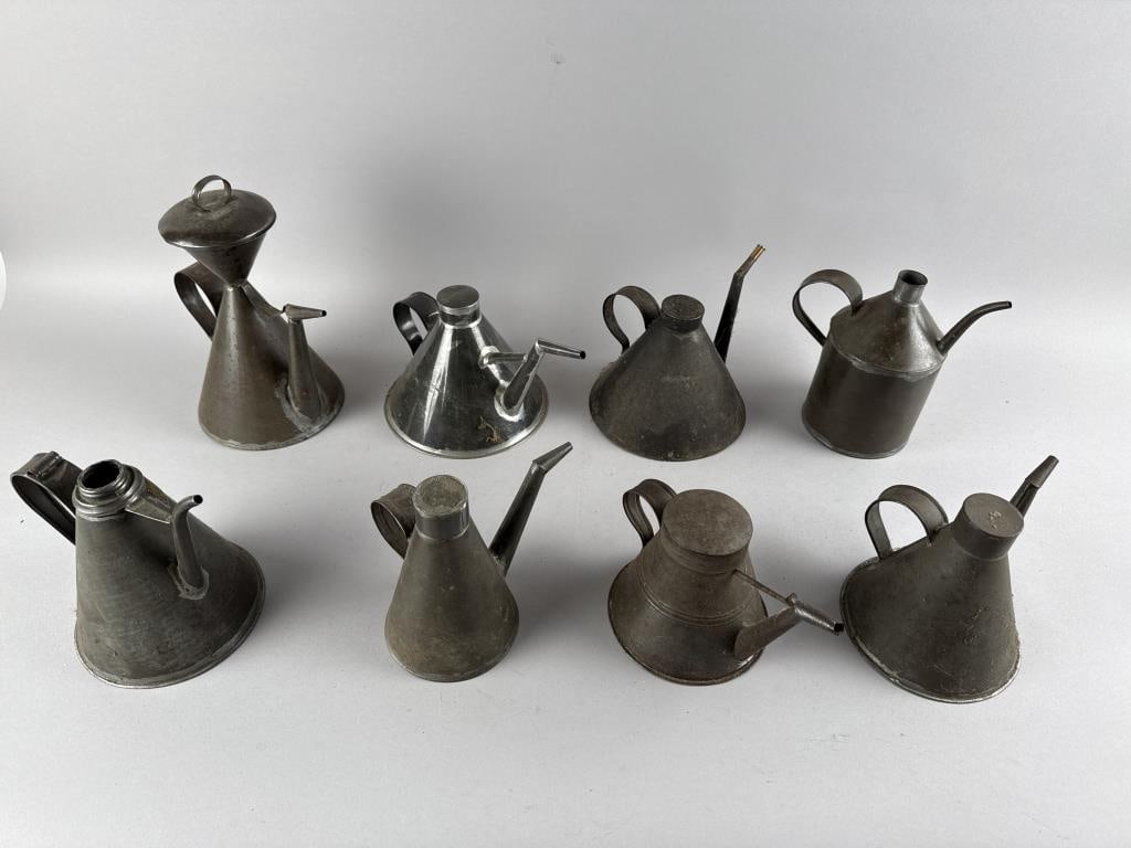 EIGHT TIN LAMP FILLERS 19th Century Heights from 7" to 10.5". (1 of 5)