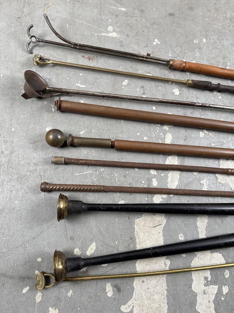 TEN ASSORTED WOOD AND METAL CANDLE LIGHTERS AND SNUFFERS Lengths to 57.5". (1 of 1)