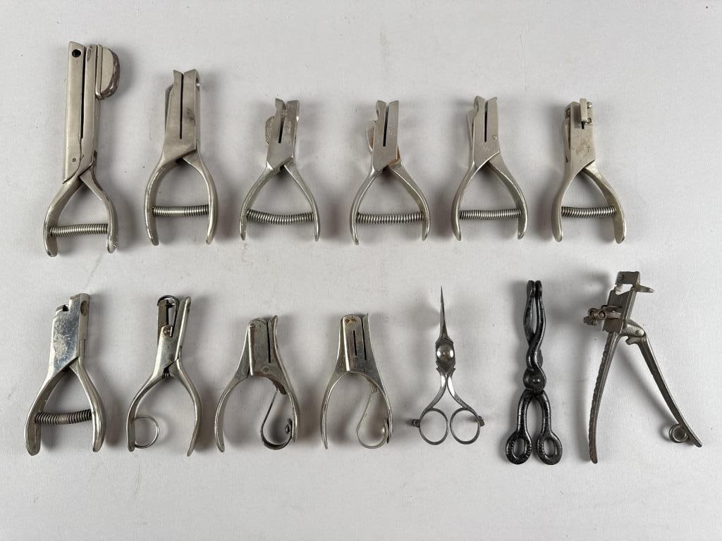 THIRTEEN UNUSUAL CANDLE SNUFFERS AND WICK TRIMMERS Lengths from 4" to 7". (1 of 2)