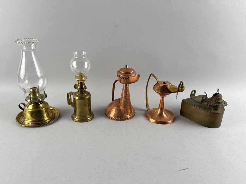 FIVE COPPER AND BRASS LIGHTING DEVICES 19th/Early 20th Century Heights from 4.5" to 7.75". (1 of 3)