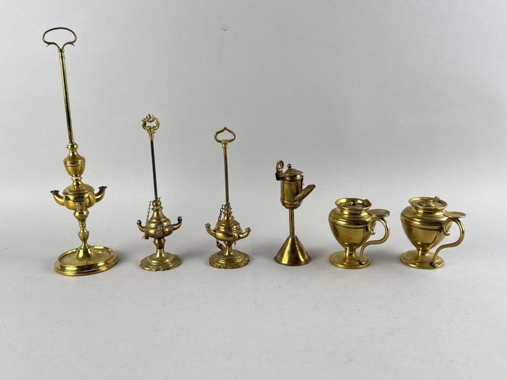 SIX MINIATURE BRASS LIGHTING DEVICES 19th Century Heights from 3.25" to 11.5". (1 of 5)