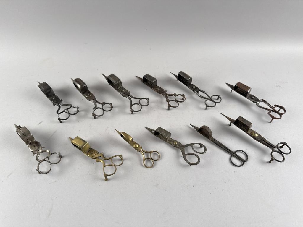 TWELVE ASSORTED METAL CANDLE SNUFFERS 18th/Mid-19th Century Lengths from 4.75" to 6.5". (1 of 3)