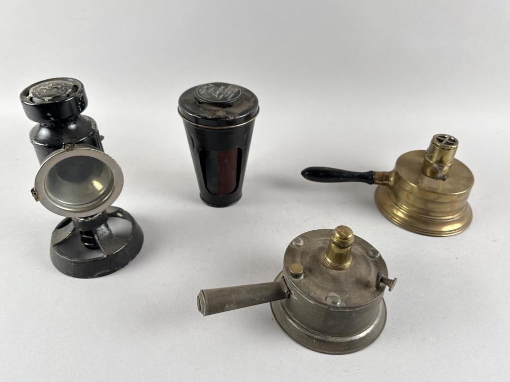 FOUR BRASS AND TIN HAND LAMPS 19th/Early 20th Century Heights from 4.75" to 8". (1 of 3)