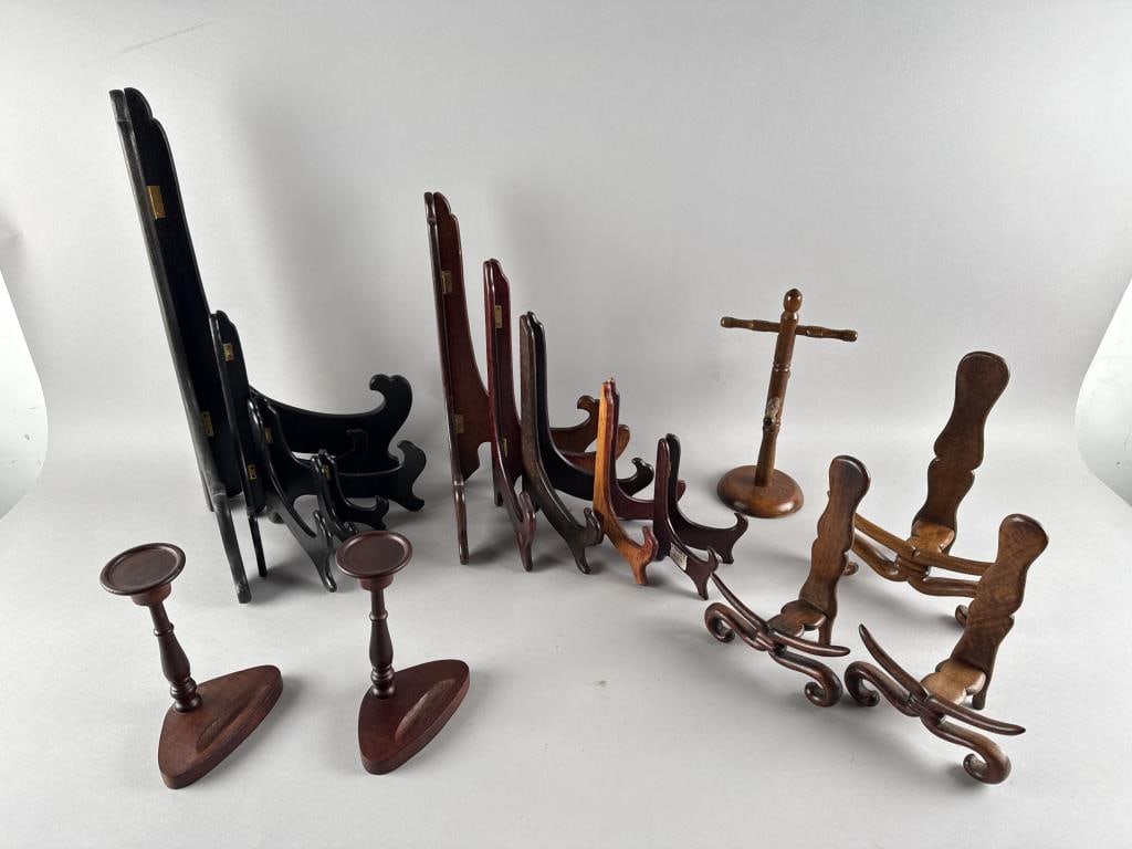 FIFTEEN WOODEN STANDS 21st Century: FIFTEEN WOODEN STANDS21st Century1-2) Pair of Asian teacup and saucer stands. 6.5" x 5" x 2.75".3) Jewelry stand. 11" x 5.75" x 5.75".4-5) Pair of Asian bowl stands. 8" x 5.75" x 3.75". 6) Asian bowl