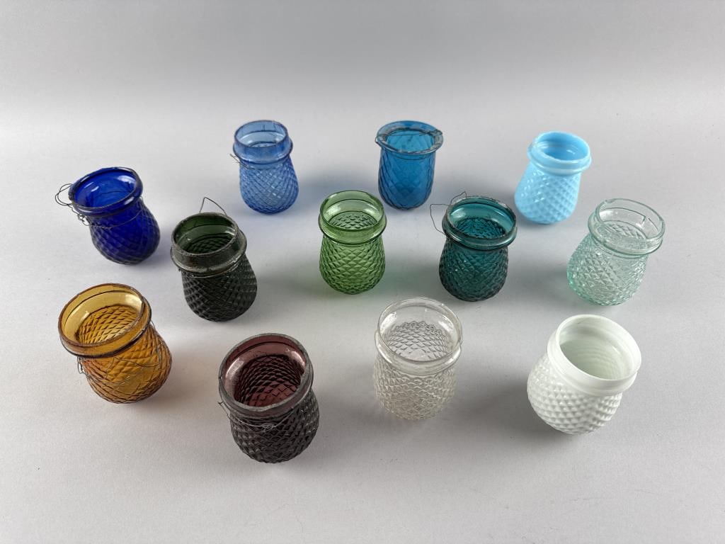 TWELVE PRESSED COLORED GLASS CHRISTMAS LIGHTS Late 19th/Early 20th Century Heights from 3" to 3.25". (1 of 2)