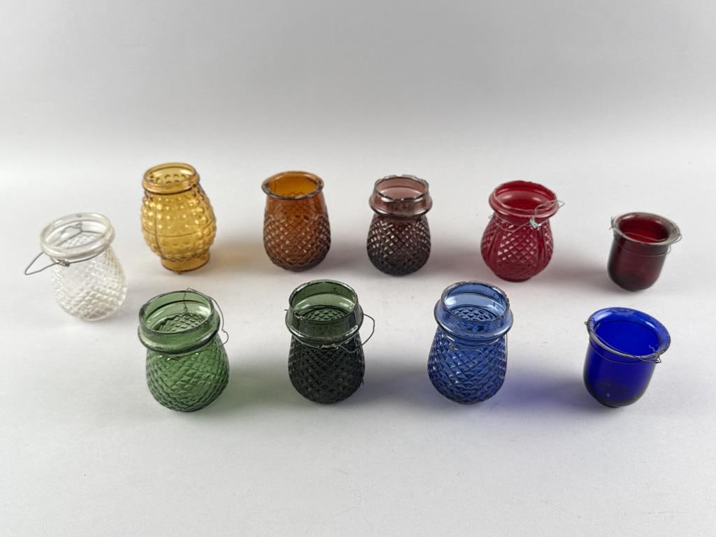 TEN PRESSED COLORED GLASS CHRISTMAS LIGHTS Late 19th/Early 20th Century Heights from 2.75" to 4.25". (1 of 2)