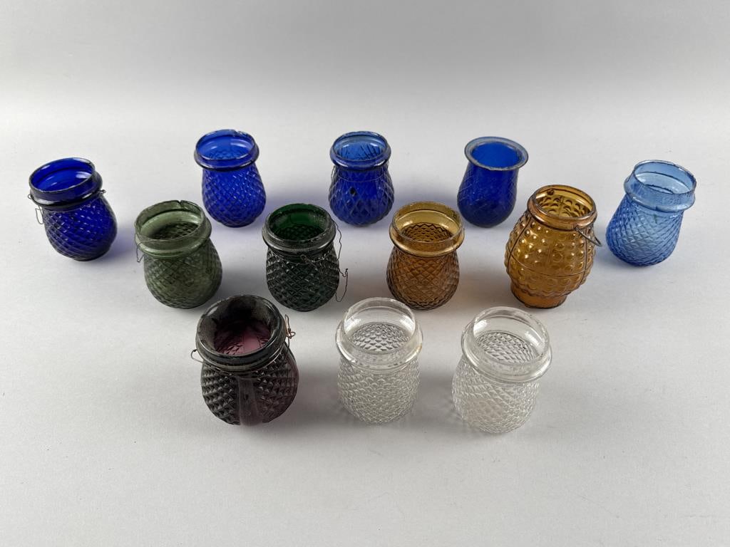 TWELVE PRESSED COLORED GLASS CHRISTMAS LIGHTS Late 19th/Early 20th Century Heights from 3.5" to (1 of 2)