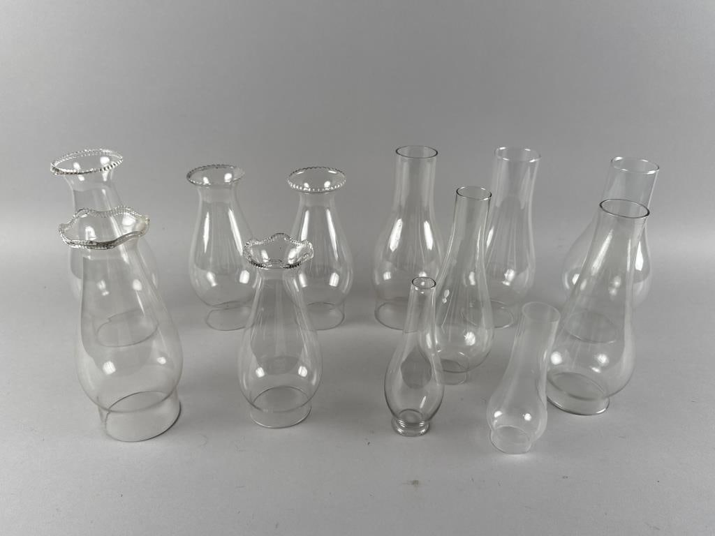 TWELVE CLEAR GLASS LAMP SHADES AND CHIMNEYS 19th Century Heights from 6" to 8.75". (1 of 4)