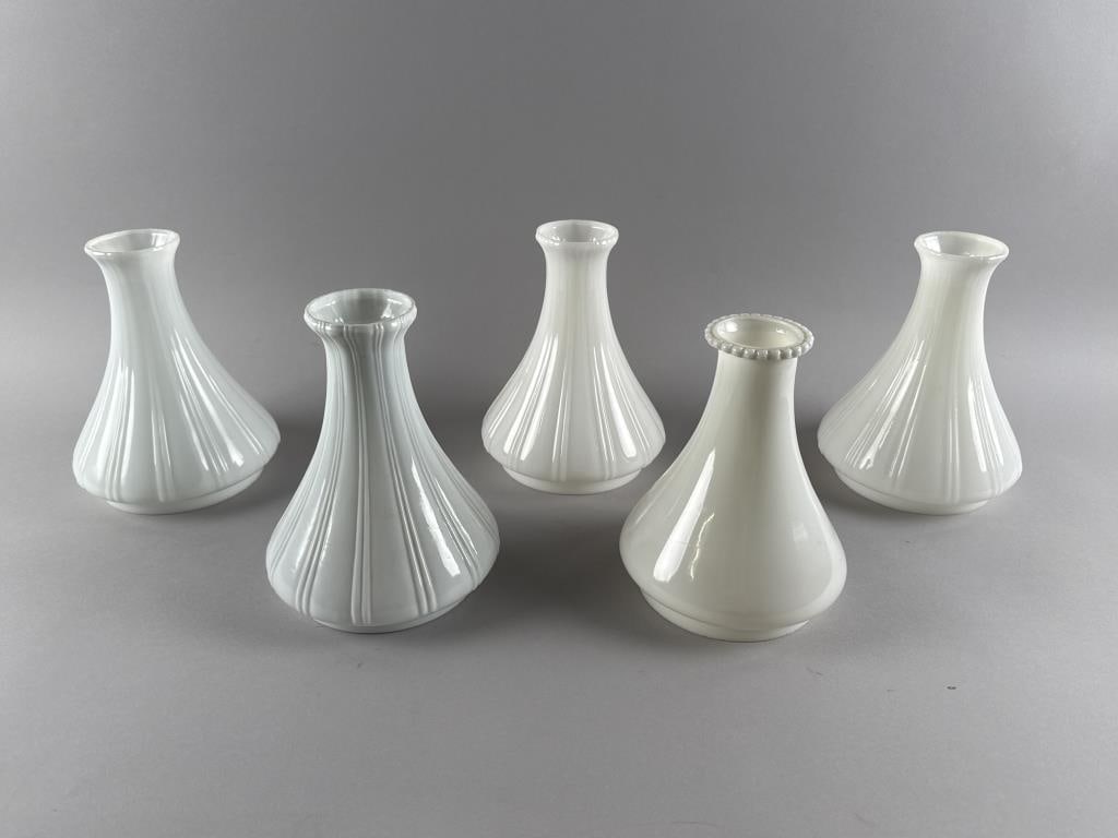 FIVE MILK GLASS SHADES FOR AN ANGLE LAMP 19th Century Heights from 8.25" to 9". Diameters from 6.5" (1 of 3)