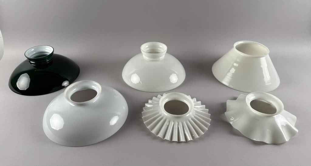 SIX GLASS OIL LAMP SHADES 19th Century Heights from 2" to 5". Diameters from 7.5" to 10" (1 of 5)