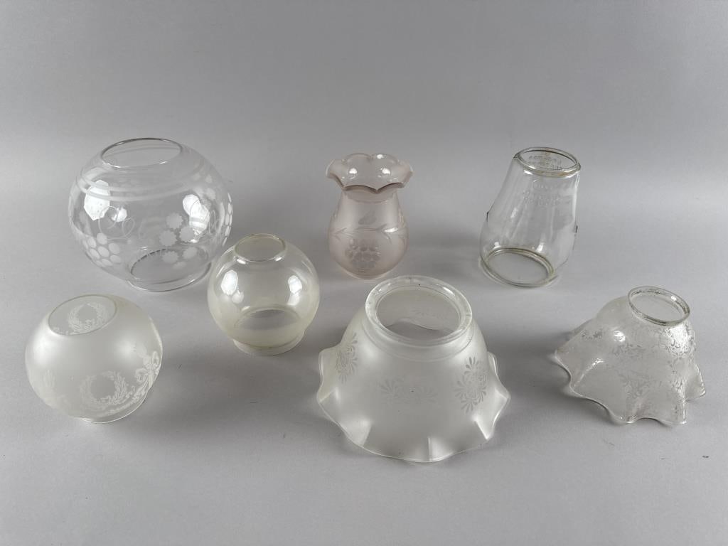 SEVEN GLASS OIL LAMP SHADES 19th Century Heights from 4.25" to 6.75". Diameters from 4.25" to 7.5". (1 of 5)