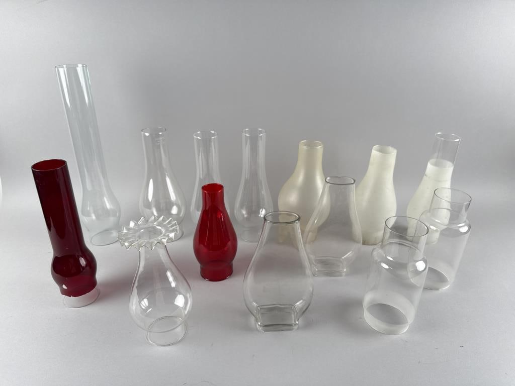 FOURTEEN GLASS LAMP SHADES AND CHIMNEYS 19th Century Heights from 7.5" to 15". (1 of 5)