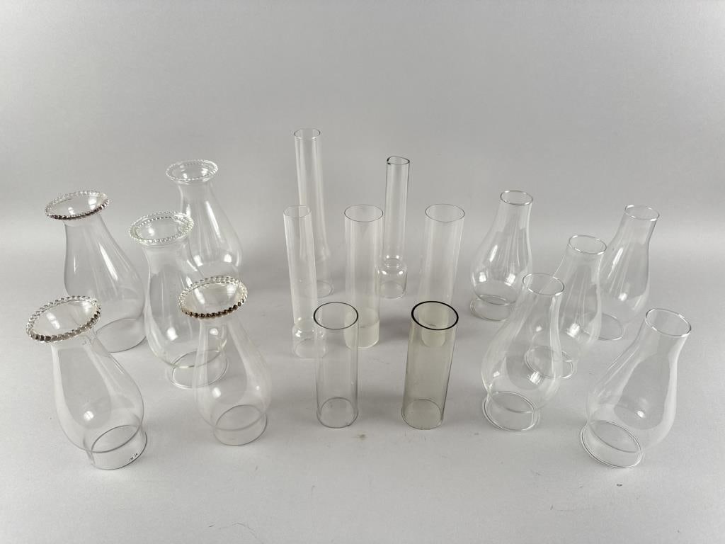 SEVENTEEN CLEAR GLASS LAMP SHADES AND CHIMNEYS 19th Century Heights from 6" to 10.5". (1 of 4)