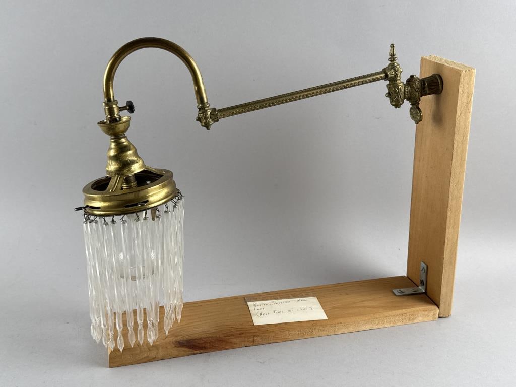 BRASS REFLEX INVERTED WALL LAMP ON WOOD STAND 19th Century Height 12.75". Width 4.25". Depth 15.75".: BRASS REFLEX INVERTED WALL LAMP ON WOOD STAND19th CenturyWith acrylic prisms.Height 12.75". Width 4.25". Depth 15.75".