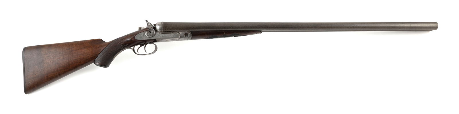 PARKER DAMASCUS PERCUSSION SIDE-BY-SIDE SHOTGUN 19th Century Length of barrels 30". Total length (1 of 1)